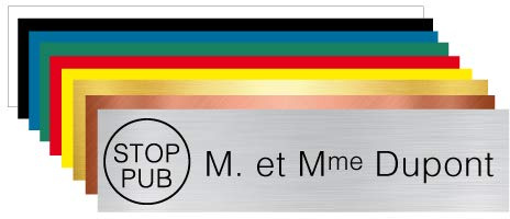 Signalétique.biz France - Plaque Gravée Pour Boîte Aux Lettres Personnalisable Avec Votre Nom et Prénom Stop Pub - Dimensions 10 x 2,5 Cm - Aspect Argent Brossé Avec Écriture Noir