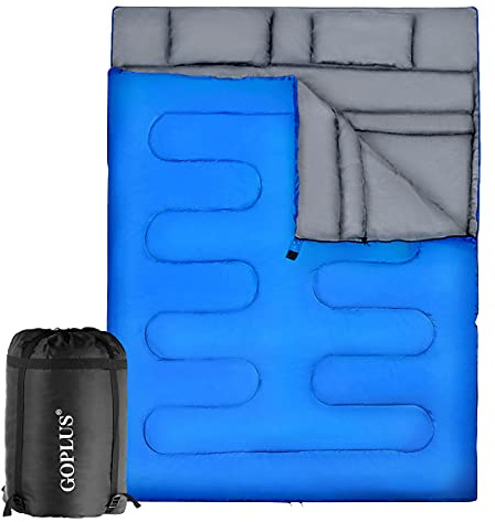 GOPLUS Sac de Couchage Imperméable pour 2 Personnes Détachable avec 2 Oreillers-Un Sac Livré Facilite Le Rangement et Le Transport-Camping,Randonnée-Bleu 220x150cm (Bleu)
