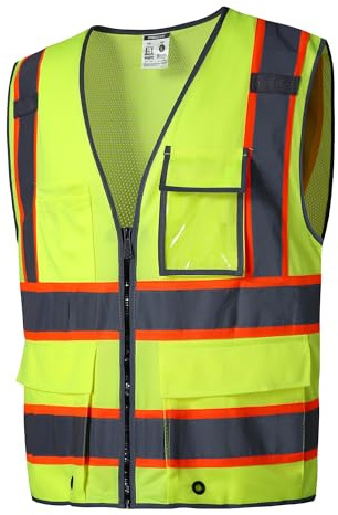 SKSAFETY 10 Pockets Safety Vest, Class 2 High Visibility Security with Zipper Back Mesh, Hi Vis Vest with Reflective Strips, ANSI/ISEA Standard, Construction Work Vest for Men ＆ Women （Lime, M）