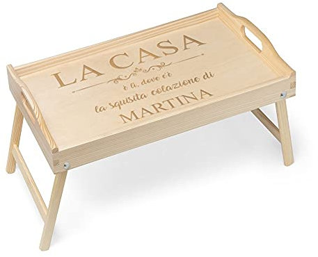 Maverton Vassoio da Colazione a Letto Personalizzato - Tavolino Pieghevole in Legno di Pino con Manici - Colore Naturale - Incisione Laser - Tavolo Multiuso 50x30cm - regalo donna - Casa