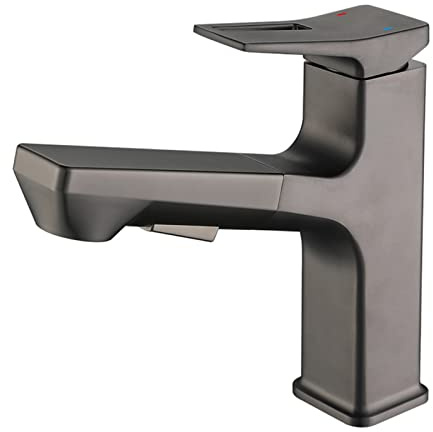 Waschtischarmatur mit Ausziehbarer Düse Badarmatur Gunmetal Grau Einhand-Waschtischbatterie Messing Einhand-Spültischbatterie Heißes und Kaltes Wasser Wasserhahn