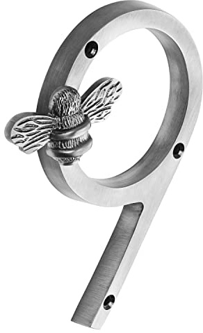 Pewter Brass bee House Number with Bee design | 5 inch Modern Door Sign Numbers Signs Plaques | Street Home Address Numeral (9)
