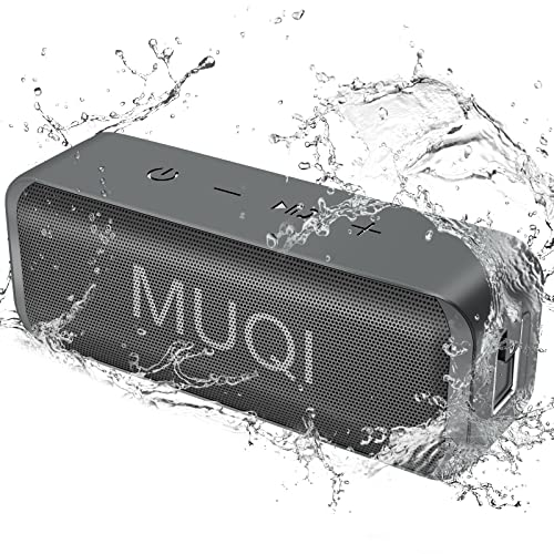 MUQI Bluetooth Lautsprecher, Musikbox mit IPX7 Wasserdicht,kabelloser Boxen 10W Stereo Sound intensiver Bass,24 Std.Spielzeit, Eingebaut Mikrofon, tragbarer Box für Zuhause, Draußen (Grau)