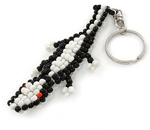 Avalaya White/Black Glass Bead Crocodile Keyring/Bag Charm/Silver Tone - 17cm Length