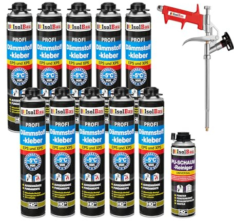 Isolbau B2 Lot de colle isolante - 10 x 750 ml - Pour isolation - 1 nettoyant pour mousse PU & 1 pistolet à mousse pour plaques EPS & XPS - Mousse polyuréthane 1K pour isolation