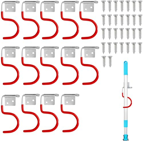 Gartengerätehalter Metallhaken, 15 Stück Gerätehalter Rot Haken, Besenhalter Werkzeughalter, Gummierung Gartengeräte, mit 30 Stück schrauben, Gartenwerkzeug Halterung für Garagen-Ordnungssysteme