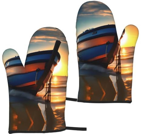 Boat Beach Sunrise Time Nautical Silicone Insulated Oven Mitts (One Pair),Oven Glove High Heat Resistant,for Cooking Barbecue