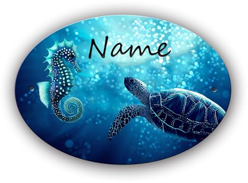 Türschild personalisiert mit Name und Schriftartwahl , Schildkröte | 12,7 x 8,8 x 0,2 cm, 2 Bohrungen, Kunststoff, oval