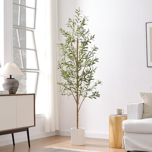 Keeplush 7ft Artificial Olive Tree, Fake Olive Tree with 756 Lifelike Leaves and 54 Fruits, Faux Silk Plants with Natural Wood Trunk in Pot for Live Room Bedroom Office Decor