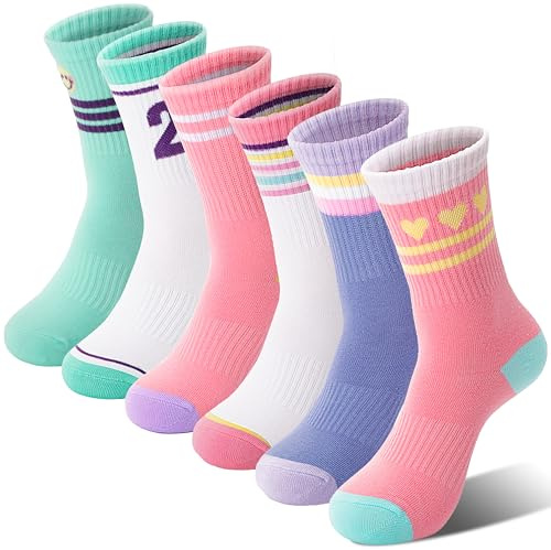 Sandsuced Kinder Mädchen Socken Sportsocken Atmungsaktiv Kompressions Laufsocken Baumwolle Geschenke Kindersocken 6 Paare Socken (Süßigkeiten Streifen Herz, 31-38)