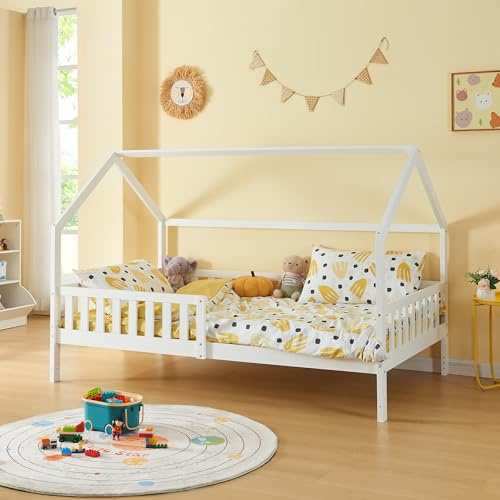 [en.casa] Cama Cabaña Ydre para Niños con Patas Regulables en Altura de 3 a 23 cm Cama Montessori Infantil con Reja Protectora Somier Forma de Casa Madera de Pino 120 x 200 cm - Blanco