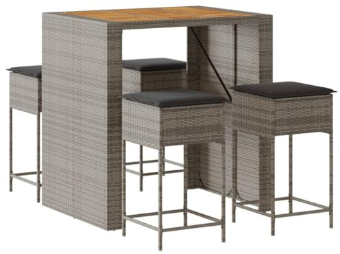 vidaXL Gartenbar Set 5-TLG., Gartenmöbel mit Kissen, Bartisch Stehtisch Barhocker Barstuhl, Theke Bar Tresen Gartentheke Sitzgruppe, Grau Poly Rattan