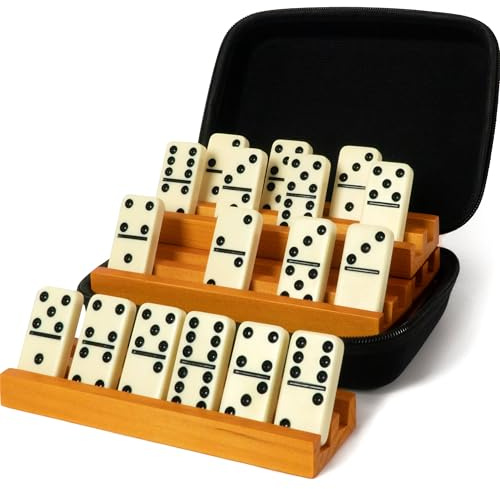 Queensell Domino-Set für Erwachsene mit 4 Domino-Haltern – Doppel-6 Domino-Set mit Domino-Halter, Klassische Brettspiele für Kinder und Erwachsene – Standard Doppel-Sechs Dominos-Sets mit 28 Steinen