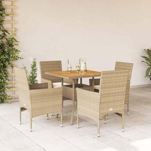 Homgoday Gartenmöbel-Set 5-teilig mit Kissen Beige Polyrattan Akazie, Gartenmöbel, Tisch und Gartenstühle Outdoor Set Modell 3278716