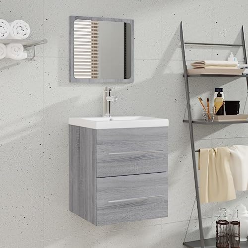 waschbecken mit unterschrank,waschbecken mit unterschrank 50cm,Badschrank mit Spiegel Grau Sonoma 41x38,5x48 cmIdeal für Bäder, wo sie gebraucht Wird
