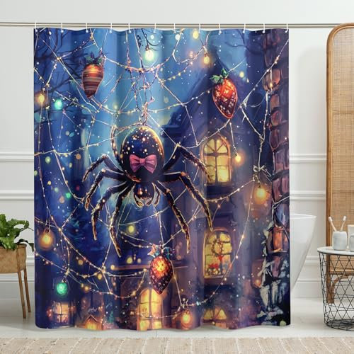 Tenda da doccia a forma di ragno di Halloween, tenda da doccia con ragno nero, decorazione autunnale, tenda da doccia moderna in tessuto impermeabile con ganci, 182 x 183 cm