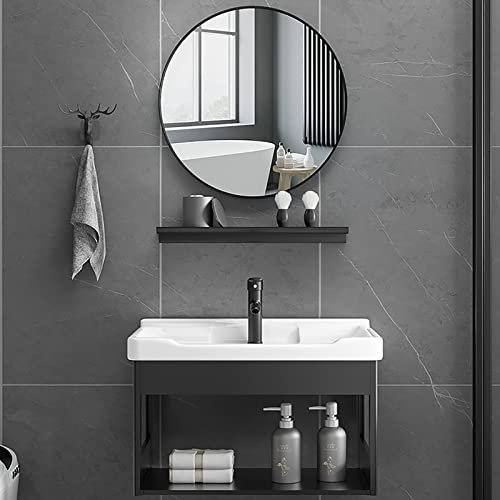 Modernes weißes Badezimmer-Waschtisch-Set mit Waschbecken, freistehend, wandmontiert, schwimmender Waschtisch mit Spiegel, offenes Regal, Warm-/Kaltwasserhähne, Abfluss inklusive, komplettes