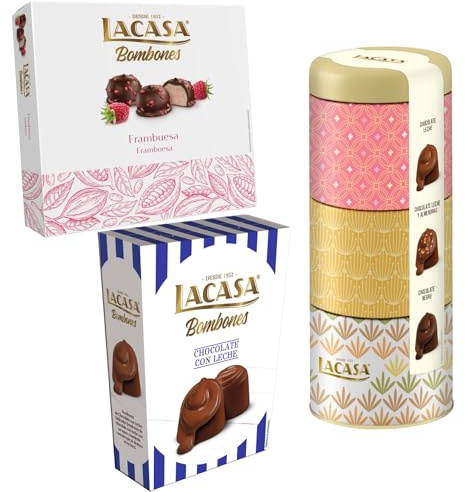 Pack Lacasa bombones chocolate con leche 72 G & bombones surtido lata 180 G & bombones frambuesa 200 g