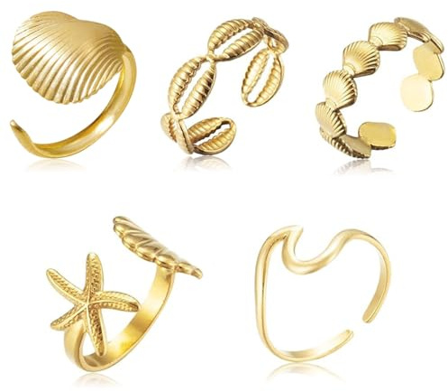 BelleVive 5 Stück 18 Karat Gold Muschelringe, Strand-Surfer, Seestern, Gold, zierliche Muschelwellen-Stapelringe, Sommerschmuck für Frauen und Mädchen, Boho-Seestern-Surfer-Geschenke