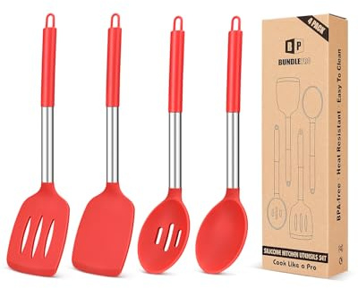 Pack of 4 Silicone Cooking Utensils Set, Non Stick Large Solid Spatulas, Heat Resistant Slotted Spoons, Ideal BPA Free Kitchen Turners for Frying, Mixing,Serving,Draining,Turning,Stirring (RED)
