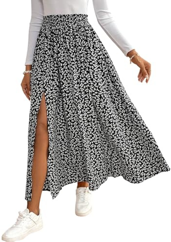 GORGLITTER Damen Rock Langer Sommerrock Boho Midirock mit Schlitz Blümchenmuster Röcke Hohe Taille Blumenrock Casual Freizeitrock Locker Strandrock Schwarz M