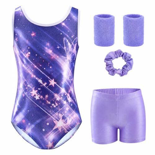 Tstiti 5-Piece Gymnastics Leotards for Girls with Shorts Scrunchie & Wristbands Toddler/Kids Dance Outfit 8-9 Years