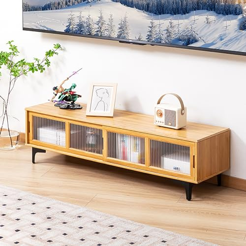 Console TV en bambou avec portes coulissantes, meuble central de divertissement moderne pour salon, table TV élégante et durable