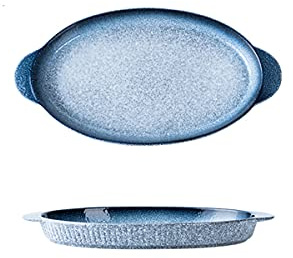 WOTZOV Kreativer Doppelohr-Fischteller, großer ovaler Retro-Fischteller aus Keramik, gedämpft, 2 Stück/Blau/12 Zoll，Blue 12Inch