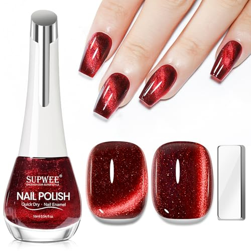 SUPWEE Cat Eye Nagellack Schnelltrocknend, Rot Magnetischer Nagellack | Magnet Holografisch Cat Eye Nail Polish Ohne UV Lampe Katzenauge Effekt Home Maniküre DIY Nail Art 16ml