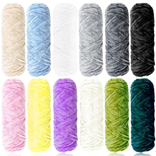 Exquilnova 12 x 100g Chenille Wolle zum Häkeln, Dicke Wolle zum Stricken, Velvet Chenille Garn, Flauschige Weiche Plüschwolle Häkelwolle Samtig Chenillegarn für Decke, Taschen, Schals, Kuscheltiere