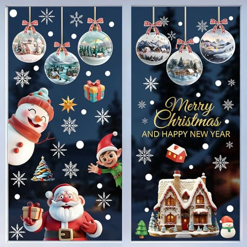 Adesivi Natalizi per Finestre, 9 Fogli, Decorazioni Natalizie Rimovibili con Babbo Natale, Renna, Pupazzo di Neve, Fiocchi di Neve