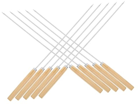 ROMISBABA 50 Stück Edelstahl Grillspieße mit Holzgriff Lange Flache Metallspieße für BBQ Robust und Hitzebeständig für Rind Lamm Gemüse Komfortabler Rutschfester Griff Grillzubehör für