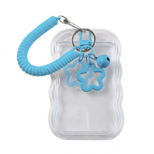 TIHNY Llavero Portafotos, Funda Protectora de Tarjetas con Llavero para Abono Transporte o Carné de Estudiante, Bolsillo de Silicona Suave con Amuleto, Azul