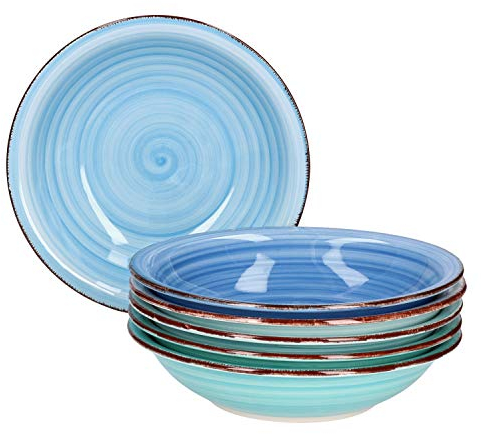 Service d'assiettes Blue pour 6 personnes | assiette creuse | 750 ml | assiette à salade | plat de service rond | bol en faïence | peint à la main | multicolore
