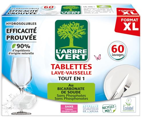 L'Arbre Vert Tablettes Lave Vaisselle Tout En 1-90% d'ingrédients d'origine naturelle - 60 Doses