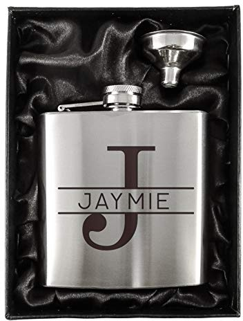 Personalised Stainless Steel 6oz Hip Flasks in a Black Lined Satin Gift Box + Funnel (Design 4)