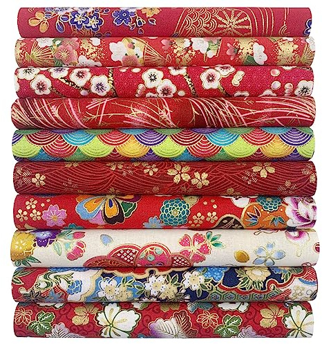 aufodara 10Pcs Cotton Craft Fabric Patchwork Bundle 20x25 cm, Japanese Style Printed Floral Beautiful Gold Patterns Bronzing Cloth for Sewing Quilting DIY Artcraft Handwork (Red)