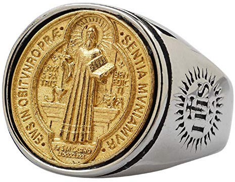 ForFox Kupfer und Titan Edelstahl Heiliger Benedikt Medaille Ring mit Kreuz Exorzismus Ring Siegelring Katholischer Schmuck für Herren Damen Größe 54-70