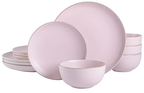 Gibson Home 131712.12R Rockaway Round Stoneware Dinnerware Set, Pink
