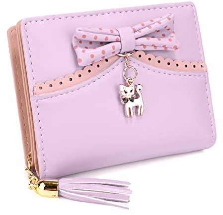 UTO Geldbörse Damen Klein mit Katze-Anhänger Mini Geldbeutel Mädchen Niedliche Quaste Portemonnaie Reißverschluss Kartenhalter Portmonee Weihnachten Neujahr Muttertag Geburtstag Gedenktag Lila