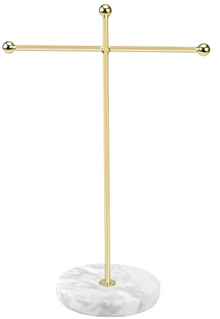 Jewelry Stand,28x18.5cm Solid Marble Gold Necklace Tray Jewellery Holder Organiser,T-Bar Plated Hanging Pendant Rack Display for Bracelets Rings Earrings