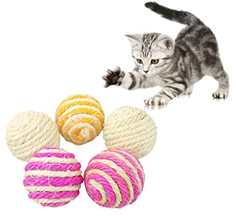 Andiker Sisal Ball Katze 5er Pack, 4,5 cm sortierte farbige Sisalbälle für Katzen zum Kratzen, Klopfen, Beißen oder Jagen, interaktives Katzenspielzeug für drinnen Katzen zufällige Farbe (sisal Ball)
