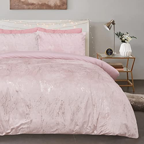 Sleepdown Marble Velvet Metallic Blush Pink Plain Reverse Duvet Cover Quilt Pillow Cases Bedding Set Soft Easy Care - Double (200cm x 200cm,5056242893882