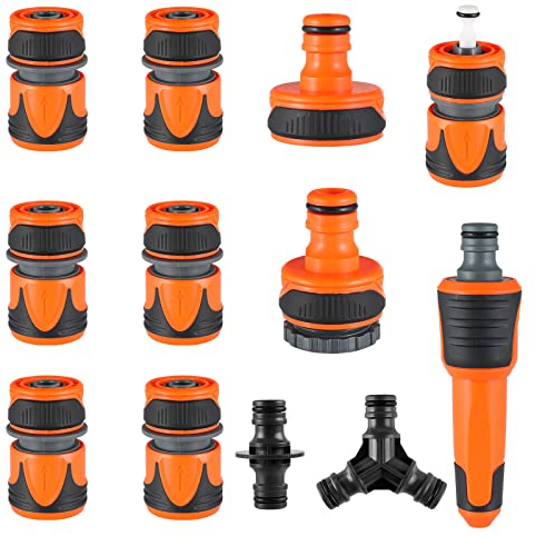 Gartenschlauch Verbindungsstück Kit,12 Stück Schlauchverbinder, Schlauchanschluss inkl.1/2” auf 3/4” Adapter,Wasserhahn Anschluss G1,Schnellkupplung 1/2”,Doppelstecker,Y-Verteiler und Wasserdüse