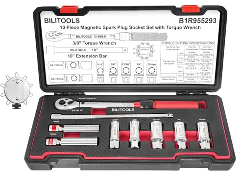 BILITOOLS 10 PCS Magnetic Spark Plug Socket Set with Click Torque Wrench & Spark Plug Gap Tool, 3/8 Inch Magnetic Sockets 9/16 5/8 3/4 13/16 14mm16mm18mm, Extension Bar, Cr-V Steel