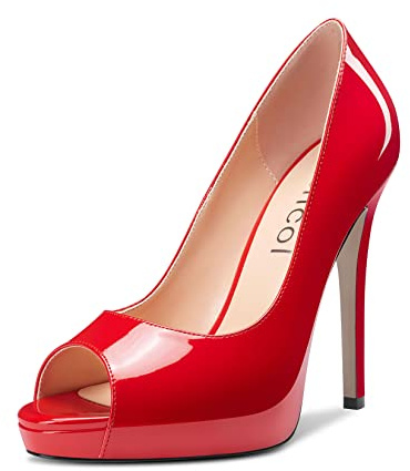 Aachcol Mujer Plataforma Aguja Alto High Heel Pumps Slip-on Abierta Punta Dress Zapatos Oficina Fiesta de Boda Charol Rojo 13 CM 40 EU