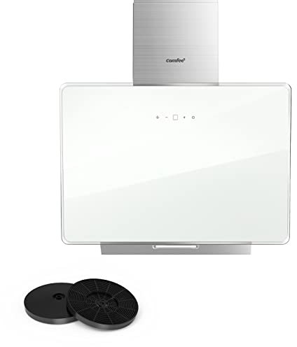 COMFEE' A+ Dunstabzugshaube 60cm CHK 3.6J64A1W Wandhaube aus gehärtetem Glas und Edelstahl mit Touchscreen, LED und Umluft- und Kanalsystem Wandmontierte Dunstabzugshaube, Weiß