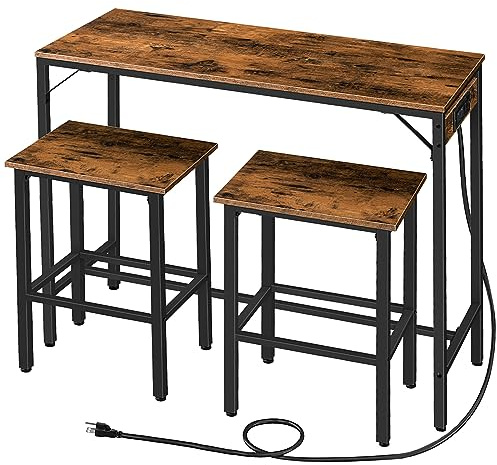 HOOBRO Bar Table and Chairs Set, 47.2 Dining Table Set with Power Outlet, 3-Piece Pub Table Set, Kitchen Bar Height Table with Stools of 2, Space Saving for Living Room, Rustic Brown BF46UBT01