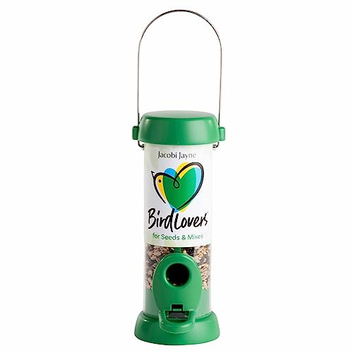 Jacobi Jayne® Bird Lovers™ Mangiatoia per uccelli di piccola taglia – Mangiatoia per uccelli da appendere per semi e miscele, capacità 0,5 litri, facile da pulire, con posatoi e base a sgancio rapido