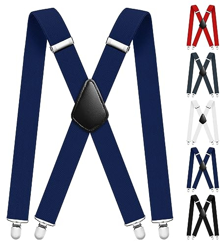 Aomig Hosenträger für Herren, Extra Stark Breit 3,5 Cm mit Starken 4 Metall Clips, Einstellbar und Elastisch, Einheitsgröße für Männer und Damen, X Style (Blau)